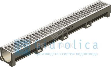 Комплект Gidrolica PolyLight: лоток водоотводный ЛВ-10.12.10 полимербетонный с решёткой РВ-10.12.100 стальной оцинкованной, кл. А15